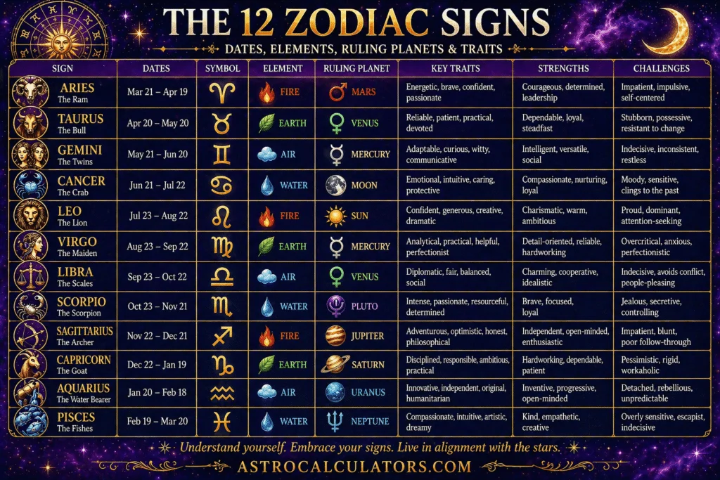 12 Zodiac Signs — Dates, Traits, Symbols and Meanings